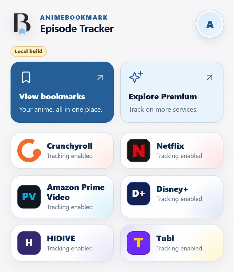 AnimeBookmark Episode Tracker dashboard with Bookmarks and six supported streaming services