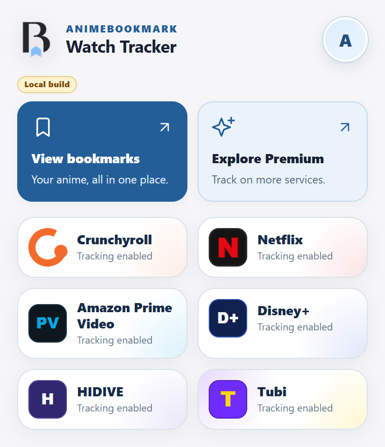 AnimeBookmark Tracker dashboard with Bookmarks and six supported streaming services